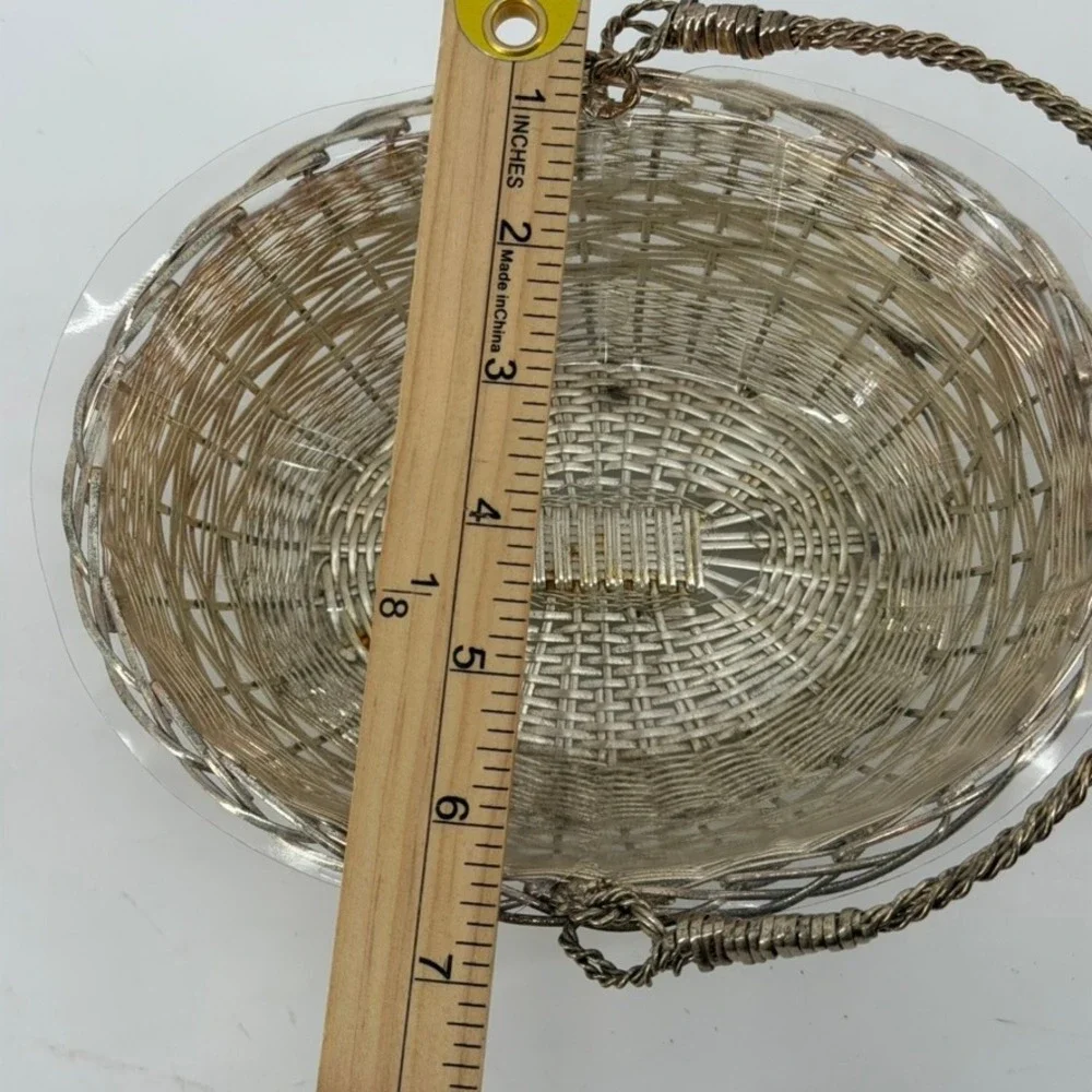 Vintage Silver Tone Woven Wire Oval Basket with Swing Handle and Liner